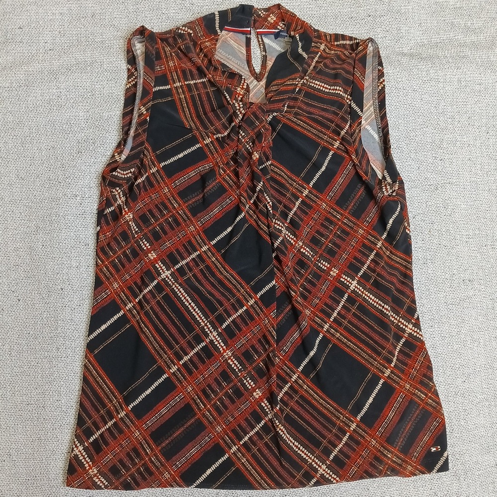 Tommy Hilfiger Tie Neck Blouse Womens Small Navy Orange Plaid Sleeveless Top
